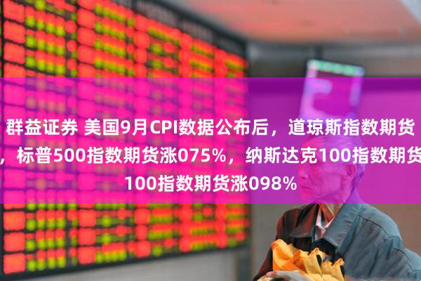 群益证券 美国9月CPI数据公布后，道琼斯指数期货涨061%，标普500指数期货涨075%，纳斯达克100指数期货涨098%